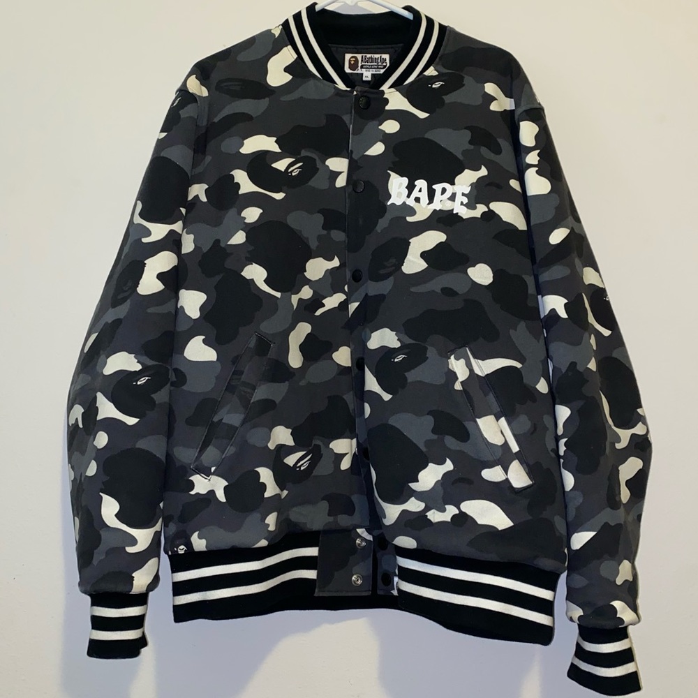 BAPE A Bathing Ape Glow in the Dark Camo Varsity Jacket Mens Sz XL EUC